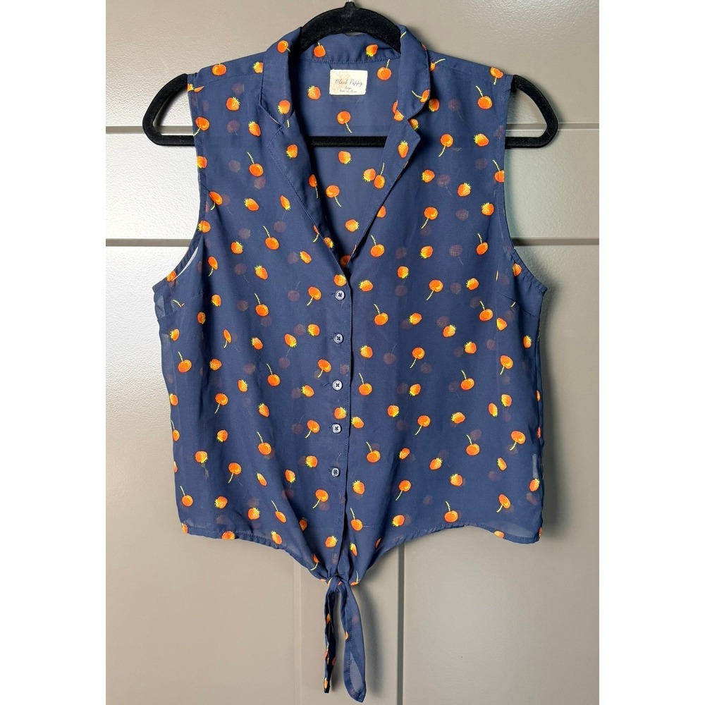 Black Poppy Navy Blue Fruit Print Tie Front Sleeveless Button Down Blouse Large